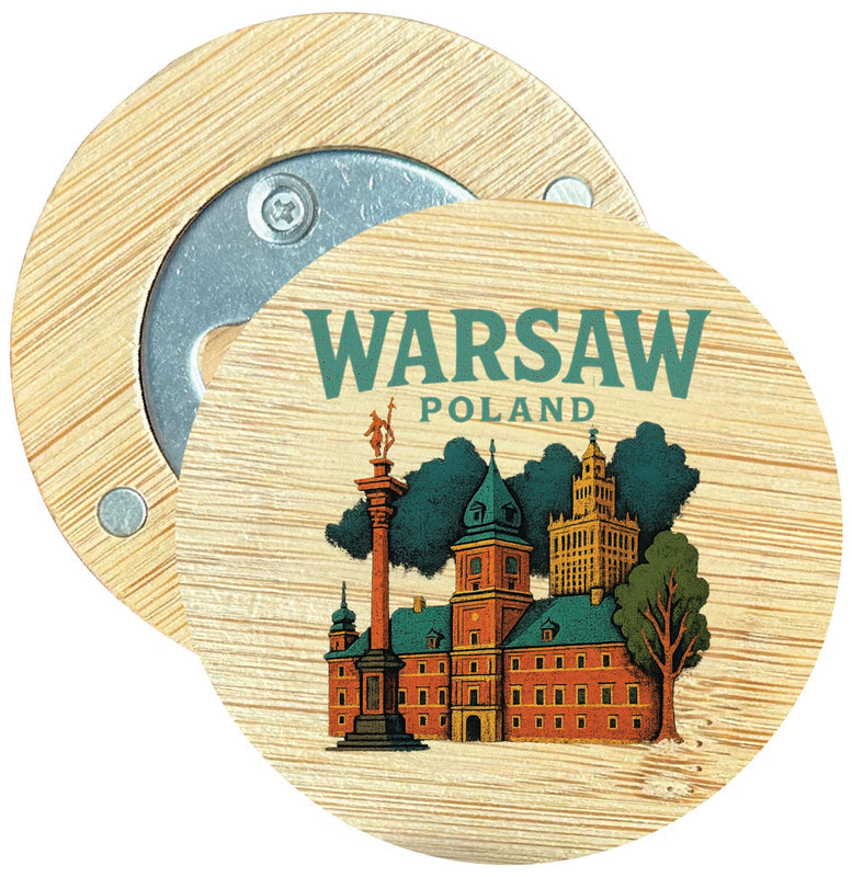Warsaw Poland Vintage Design Souvenir Round Wood Magnetic Bottle Opener 2.5"