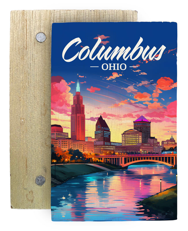 Columbus Ohio Sunset Cityscape Design Souvenir Wooden 2" x 3" Fridge Magnet 4-Pack