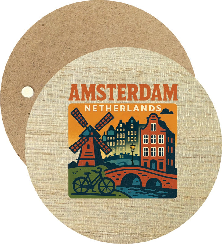 Amsterdam Netherlands Vintage Design Souvenir Round Wooden 2.5"Fridge Magnet 
