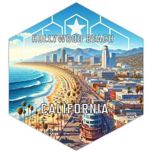 Hollywood Beach California Souvenir Travel Destination Die Cut Hexagon Fridge Magnet 2-Inch