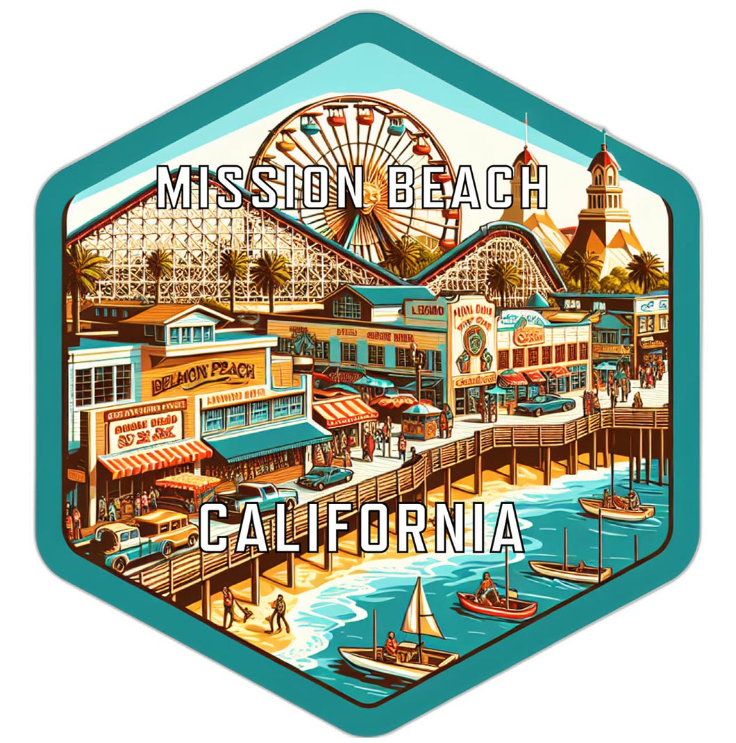 Mission Beach California Souvenir Travel Destination Die Cut Hexagon Fridge Magnet 2-Inch