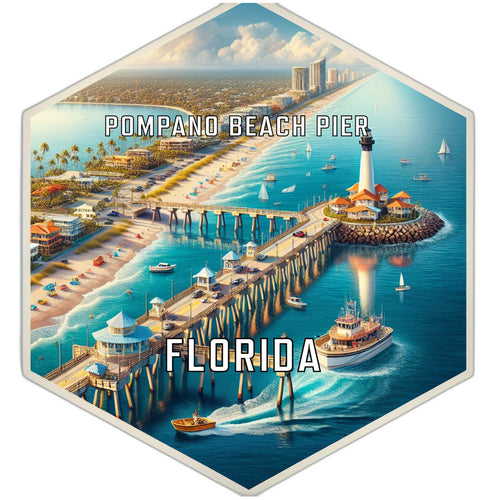 Pompano Beach Pier Florida Souvenir Travel Destination Die Cut Hexagon Fridge Magnet 2-Inch