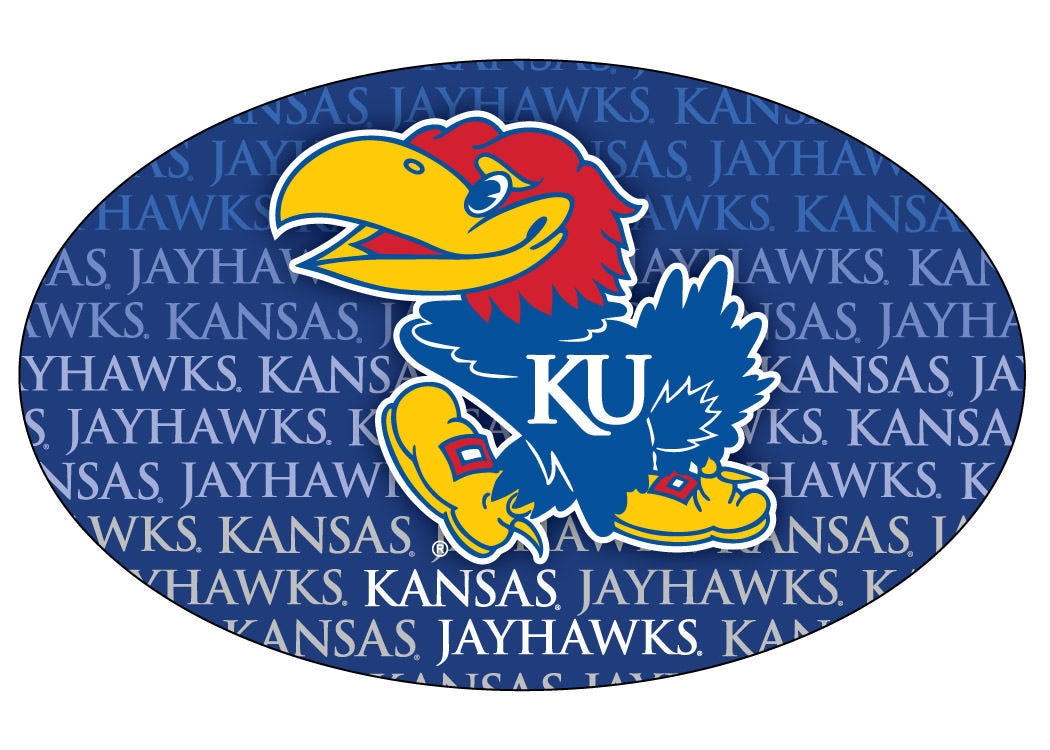 Kansas Jayhawks NCAA Collegiate Trendy Verbiage Repeating Wordmark Text Fashion Pattern Oval Decal Sticker