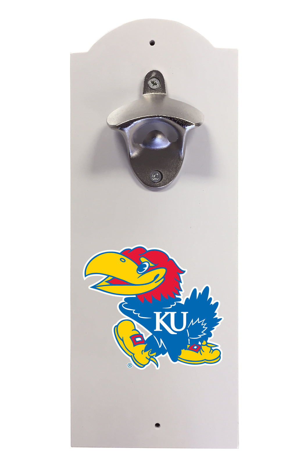 Kansas Jayhawks Wall-Mounted Bottle Opener – Sturdy Metal with Decorative Wood Base for Home Bars, Rec Rooms & Fan Caves