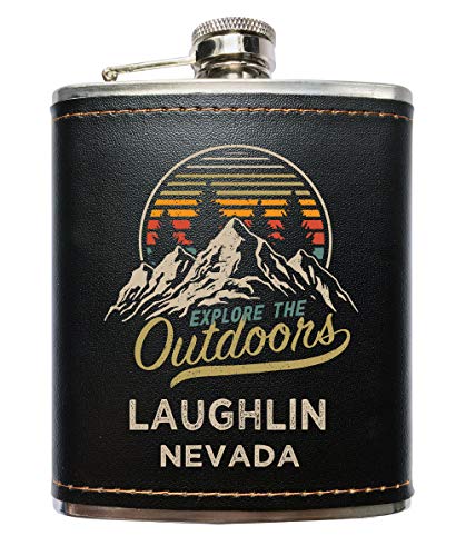 Laughlin Nevada Explore the Outdoors Souvenir Black Leather Wrapped Stainless Steel 7 oz Flask