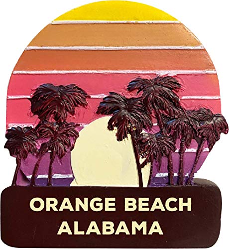 Orange Beach Alabama Trendy Souvenir Hand Painted Resin Refrigerator Magnet Sunset and Palm Trees Design 3-Inch Approximately