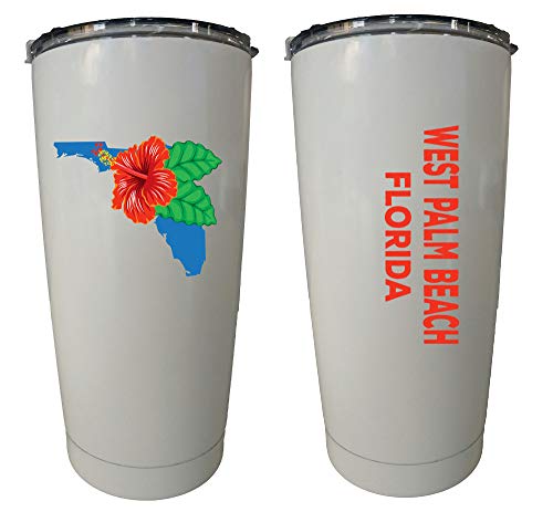 R and R Imports West Palm Beach Florida 20 oz Insulated Stainless Steel Tumbler Hibiscus Flower Design White.