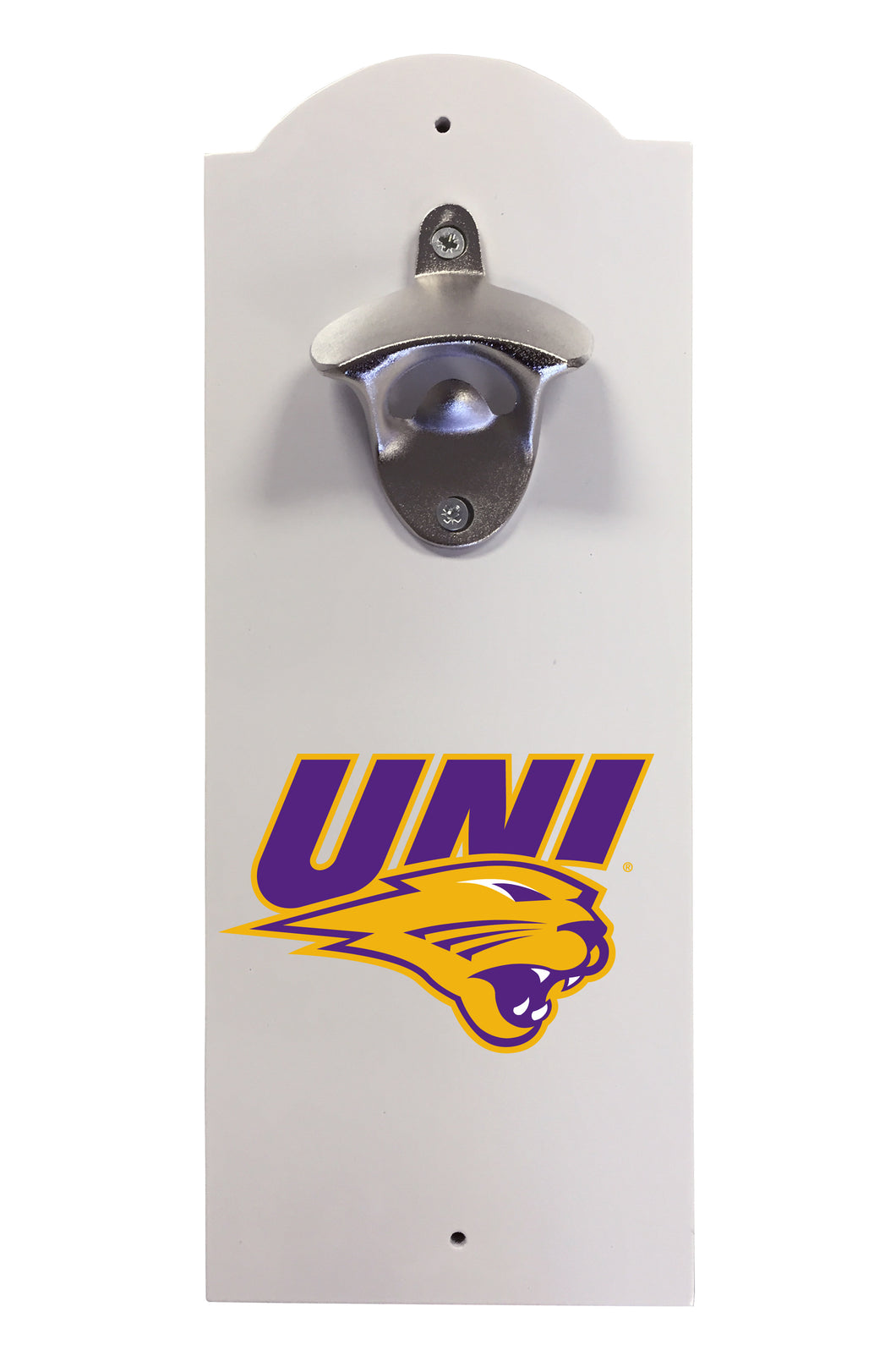 Northern Iowa Panthers Wall-Mounted Bottle Opener – Sturdy Metal with Decorative Wood Base for Home Bars, Rec Rooms & Fan Caves