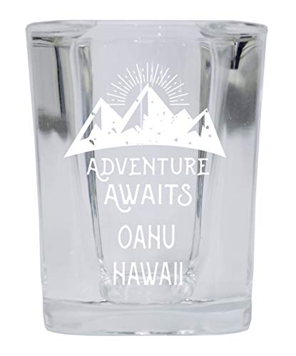Oahu Hawaii Souvenir Laser Engraved 2 Ounce Square Base Liquor Shot Glass 4-Pack Adventure Awaits Design