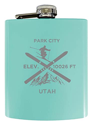 Park City Utah Ski Snowboard Winter Adventures Stainless Steel 7 oz Flask Seafoam