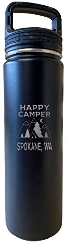 Spokane Washington Happy Camper 32 Oz Engraved Black Insulated Double Wall Stainless Steel Water Bottle Tumbler