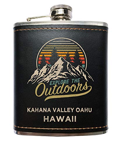 Kahana Valley Oahu Hawaii Explore the Outdoors Souvenir Black Leather Wrapped Stainless Steel 7 oz Flask