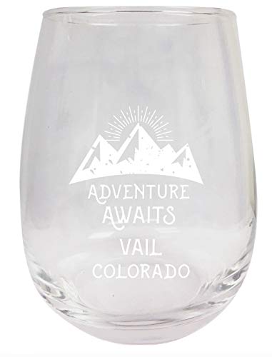 Vail Colorado Souvenir 9 Ounce Laser Engraved Stemless Wine Glass Adventure Awaits Design 2-Pack