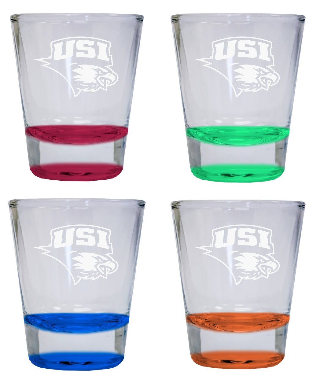 NCAA University of Southern Indiana Collector's 2oz Laser-Engraved Spirit Shot Glass Red, Orange, Blue and Green 4-Pack