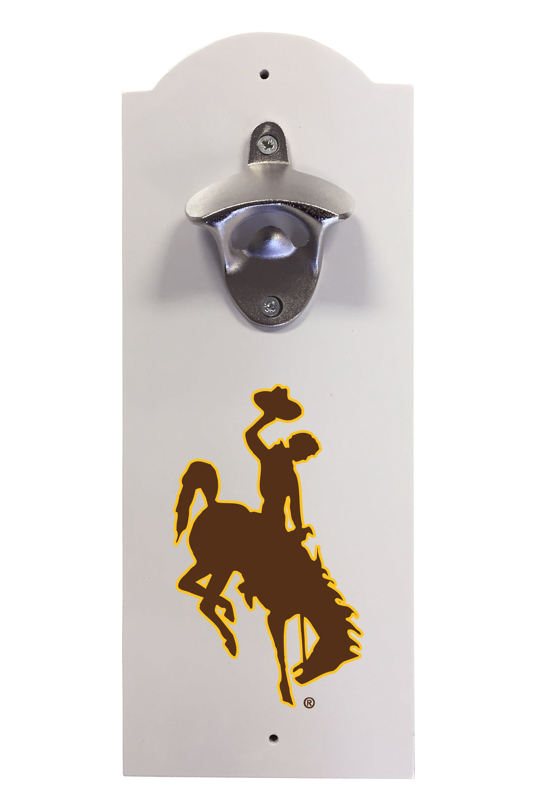 University of Wyoming Wall-Mounted Bottle Opener – Sturdy Metal with Decorative Wood Base for Home Bars, Rec Rooms & Fan Caves
