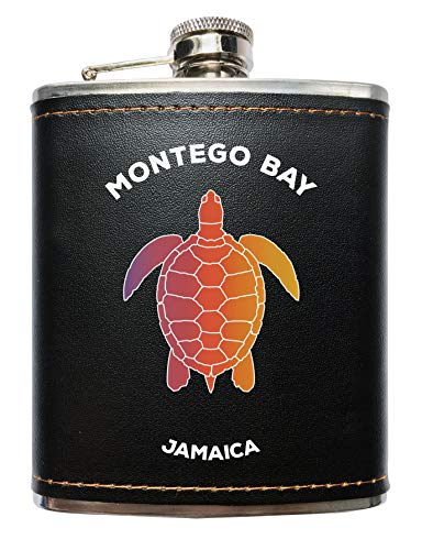 Montego Bay Jamaica Souvenir Black Leather Wrapped Stainless Steel 7 oz Flask