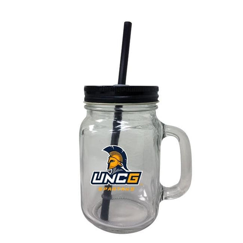 North Carolina Greensboro Spartans NCAA Iconic Mason Jar Glass - Officially Licensed Collegiate Drinkware with Lid and Straw 