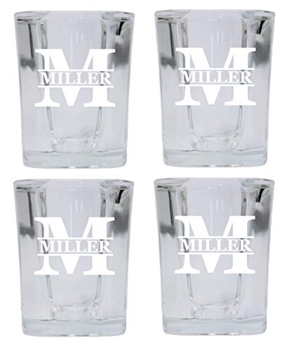 Set of 4 Customizable Monogram 2 Ounce Etched Square Shot Glass Engraved Personalized with Initial and Name
