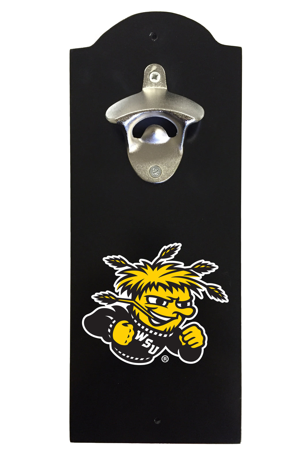 Wichita State Shockers Wall-Mounted Bottle Opener – Sturdy Metal with Decorative Wood Base for Home Bars, Rec Rooms & Fan Caves