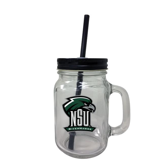 Northeastern State University Riverhawks NCAA Iconic Mason Jar Glass - Officially Licensed Collegiate Drinkware with Lid and Straw 