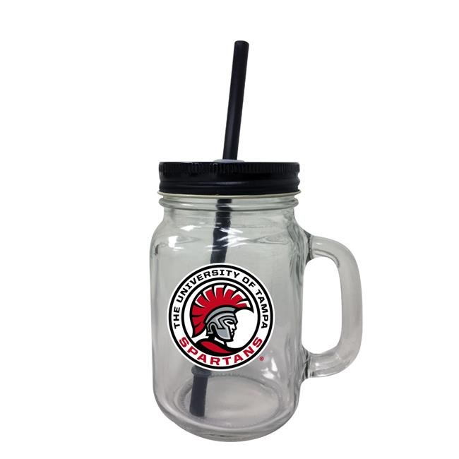 University of Tampa Spartans NCAA Iconic Mason Jar Glass - Officially Licensed Collegiate Drinkware with Lid and Straw 