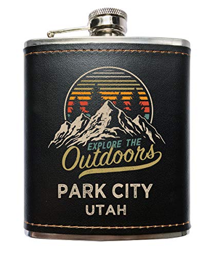 Park City Utah Explore the Outdoors Souvenir Black Leather Wrapped Stainless Steel 7 oz Flask