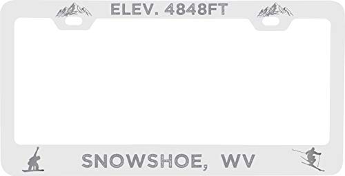 R and R Imports Snowshoe West Virginia Etched Metal License Plate Frame White