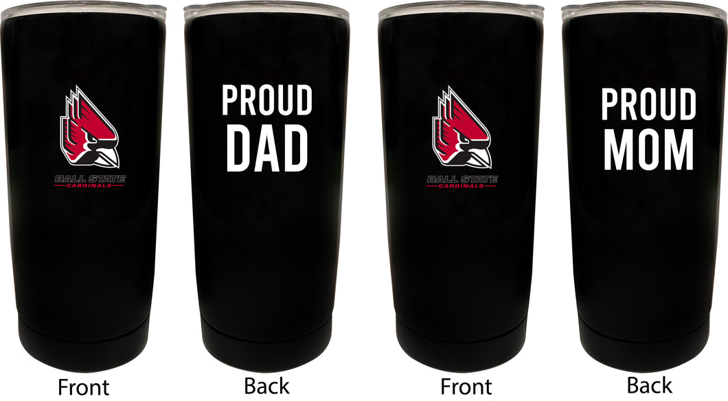 Ball State University NCAA Insulated Tumbler - 16oz Stainless Steel Travel Mug Proud Mom and Dad Design Black
