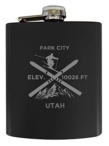 Park City Utah Ski Snowboard Winter Adventures Stainless Steel 7 oz Flask Black