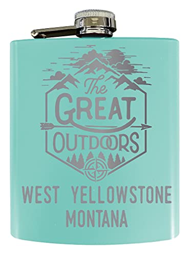 West Yellowstone Montana Laser Engraved Explore the Outdoors Souvenir 7 oz Stainless Steel 7 oz Flask Seafoam