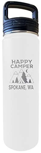 Spokane Washington Happy Camper 32 Oz Engraved White Insulated Double Wall Stainless Steel Water Bottle Tumbler