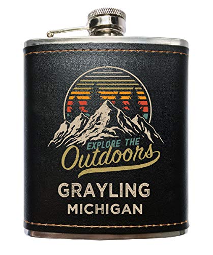 Grayling Michigan Black Leather Wrapped Flask
