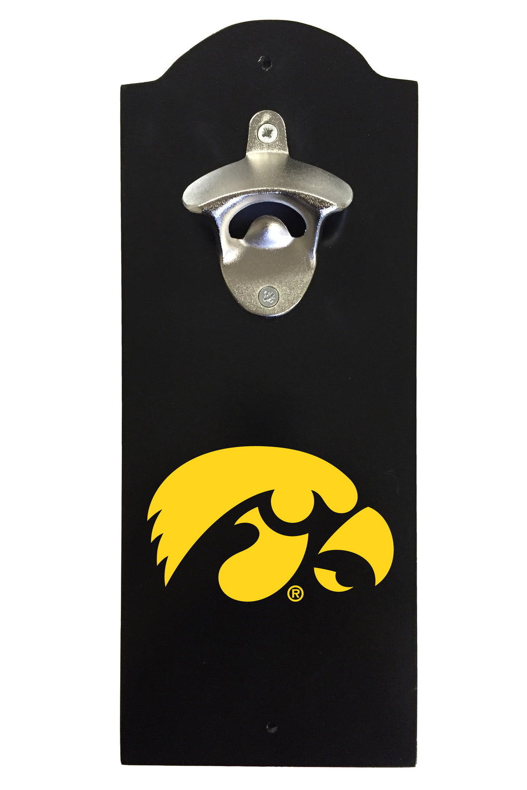 Iowa Hawkeyes Wall-Mounted Bottle Opener – Sturdy Metal with Decorative Wood Base for Home Bars, Rec Rooms & Fan Caves