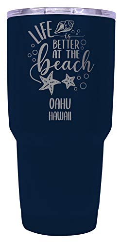 Oahu Hawaii Souvenir Laser Engraved 24 Oz Insulated Stainless Steel Tumbler Navy.