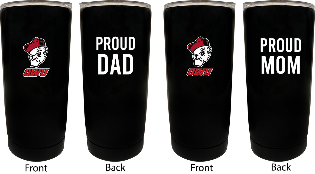Ohio Wesleyan University NCAA Insulated Tumbler - 16oz Stainless Steel Travel Mug Proud Mom and Dad Design Black