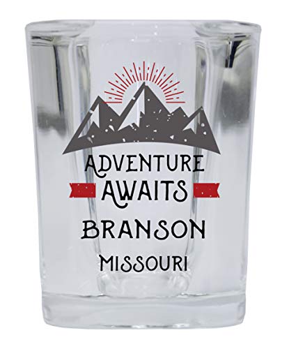 Branson Missouri Souvenir 2 Ounce Square Base Liquor Shot Glass Adventure Awaits Design