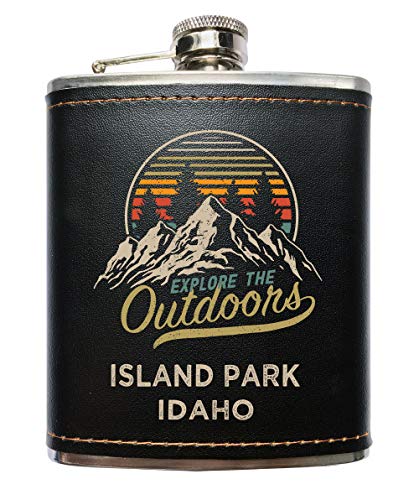 Island Park Idaho Explore the Outdoors Souvenir Black Leather Wrapped Stainless Steel 7 oz Flask