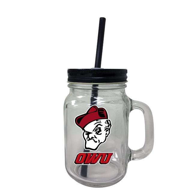 Ohio Wesleyan University NCAA Iconic Mason Jar Glass - Officially Licensed Collegiate Drinkware with Lid and Straw 