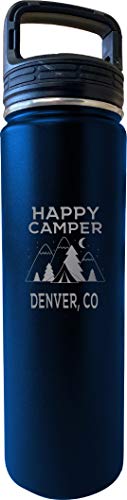 Denver Colorado Happy Camper 32 Oz Engraved Navy Insulated Double Wall Stainless Steel Water Bottle Tumbler