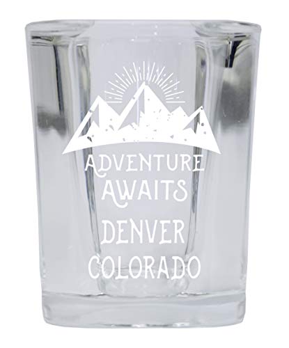 Denver Colorado Souvenir Laser Engraved 2 Ounce Square Base Liquor Shot Glass Adventure Awaits Design