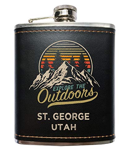 St. George Utah Explore the Outdoors Souvenir Black Leather Wrapped Stainless Steel 7 oz Flask