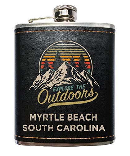 Myrtle Beach South Carolina Explore the Outdoors Souvenir Black Leather Wrapped Stainless Steel 7 oz Flask