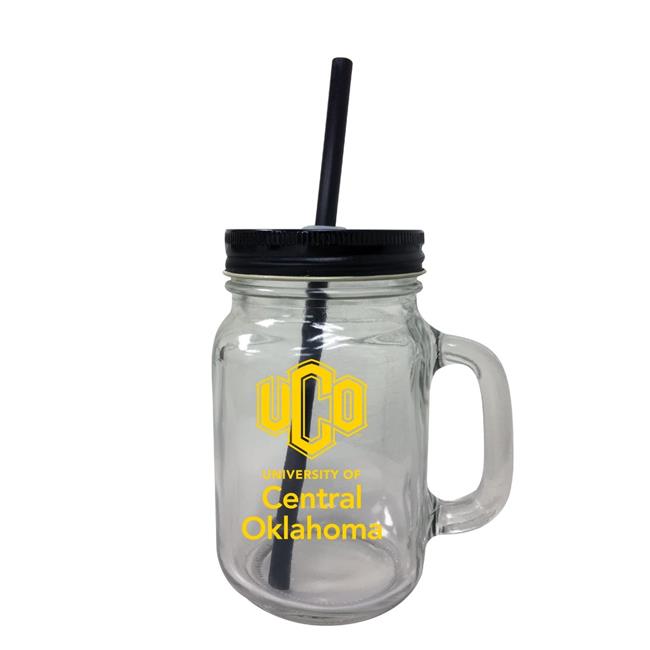 University of Central Oklahoma Bronchos NCAA Iconic Mason Jar Glass - Officially Licensed Collegiate Drinkware with Lid and Straw 