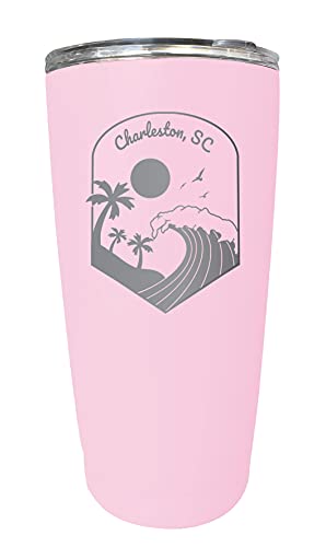 R and R Imports Charleston South Carolina Etched 16 oz Stainless Steel Tumbler Wave design Pink Pink.