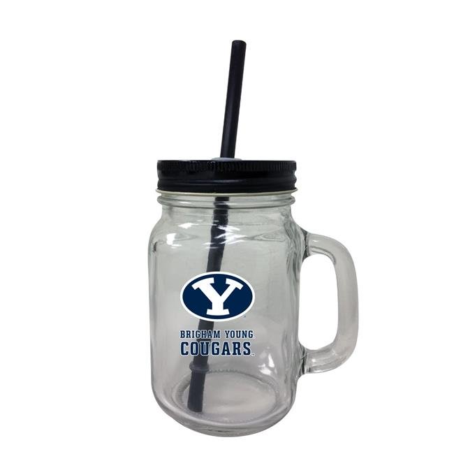 Brigham Young Cougars NCAA Iconic Mason Jar Glass - Officially Licensed Collegiate Drinkware with Lid and Straw 