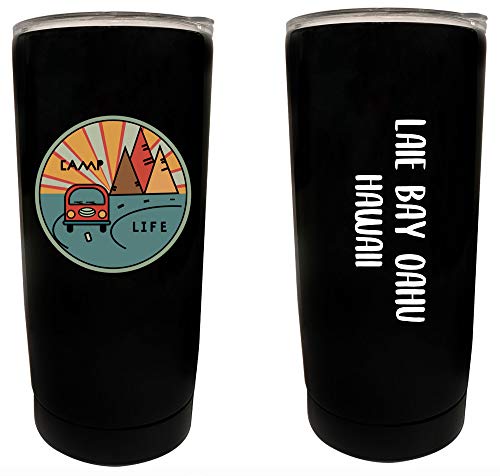 R and R Imports Laie Bay Oahu Hawaii Souvenir 16 oz Stainless Steel Insulated Tumbler Camp Life Design Black.