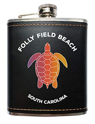Folly Field Beach South Carolina Souvenir Black Leather Wrapped Stainless Steel 7 oz Flask
