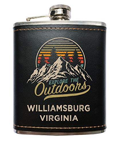 Williamsburg Virginia Explore the Outdoors Souvenir Black Leather Wrapped Stainless Steel 7 oz Flask