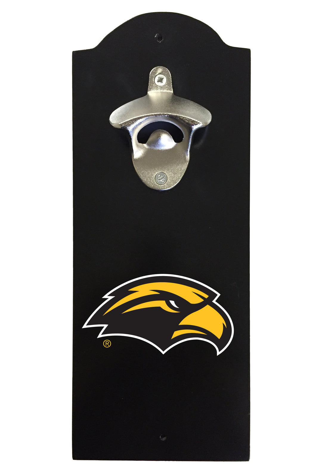 Southern Mississippi Golden Eagles Wall-Mounted Bottle Opener – Sturdy Metal with Decorative Wood Base for Home Bars, Rec Rooms & Fan Caves