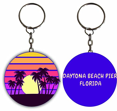 Daytona Beach Pier Florida Sunset Palm Metal Keychain